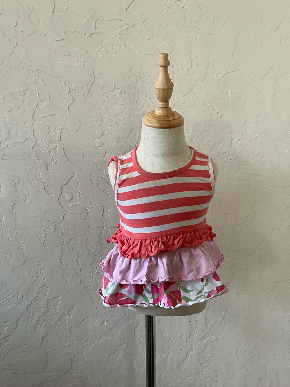 Ruffle Butts Coral & White Striped Ruffle Tank with Pink and Floral Tiers